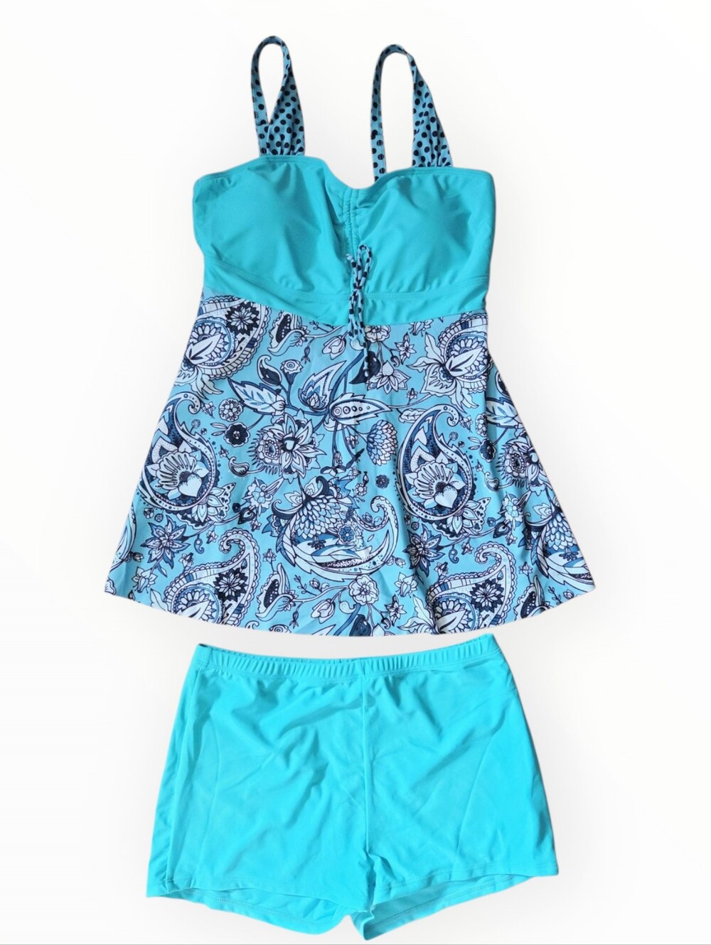 Turquoise Paisley Tankini Swim Set with Solid Shorts